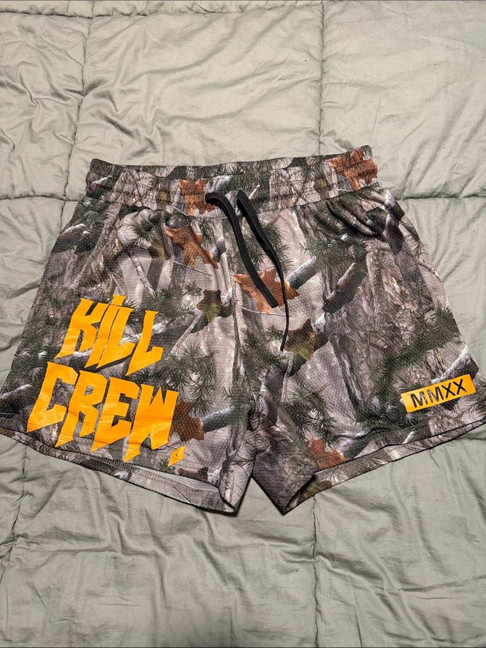 Kill Crew Camouflage Mauy Thai Shorts with Orange Logo
